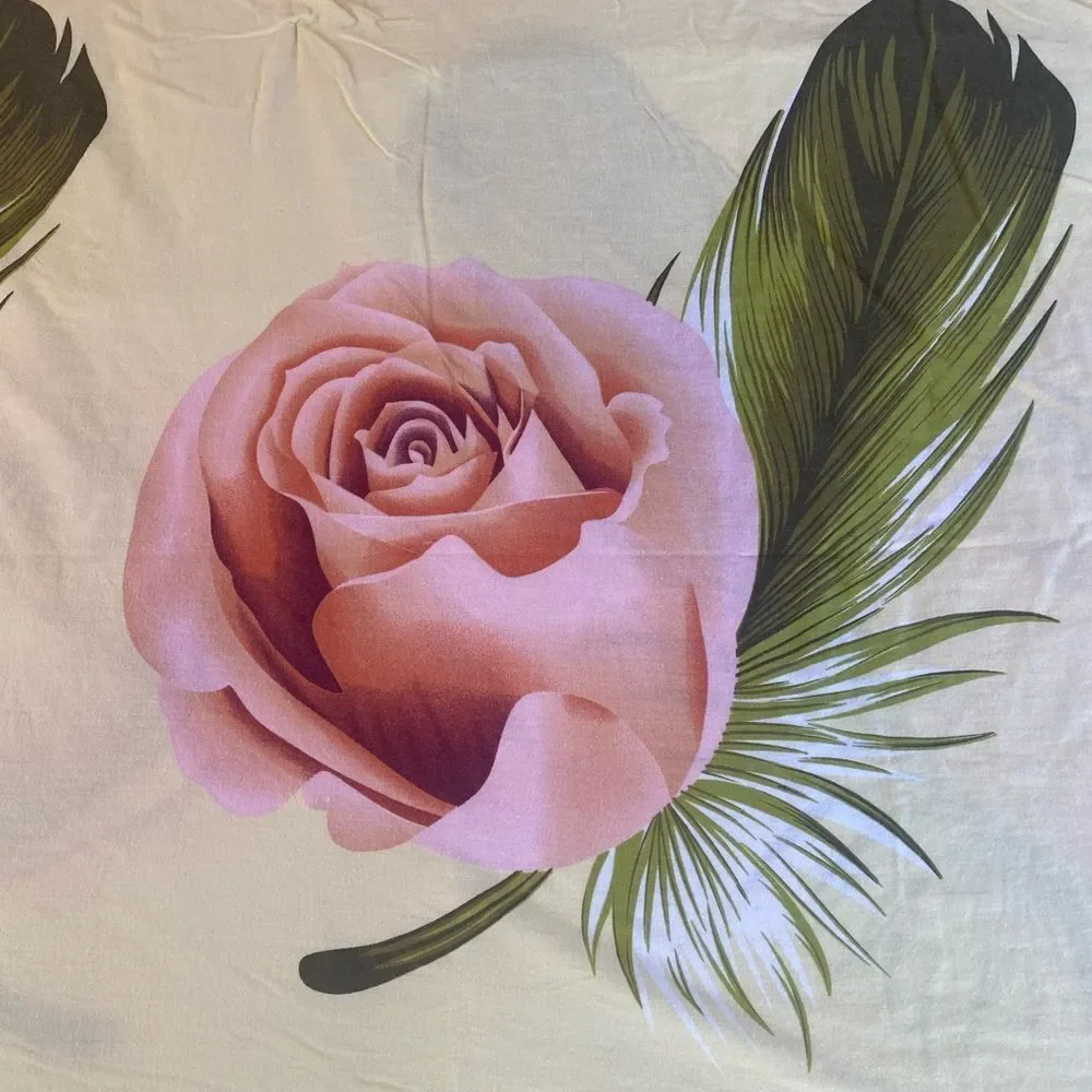 Floral Bedding Set with Pink Roses and Green Feathers